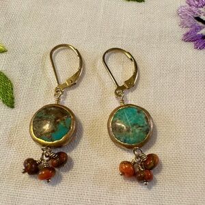Sundance Gold and Turquoise Earrings with Beaded Charms